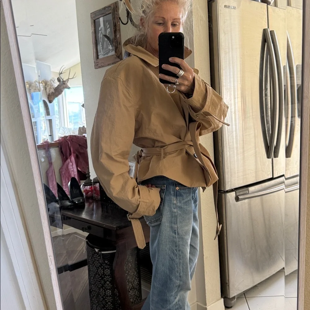 The perfect belted cropped nylon trench coat Tan Double-Breasted oversized